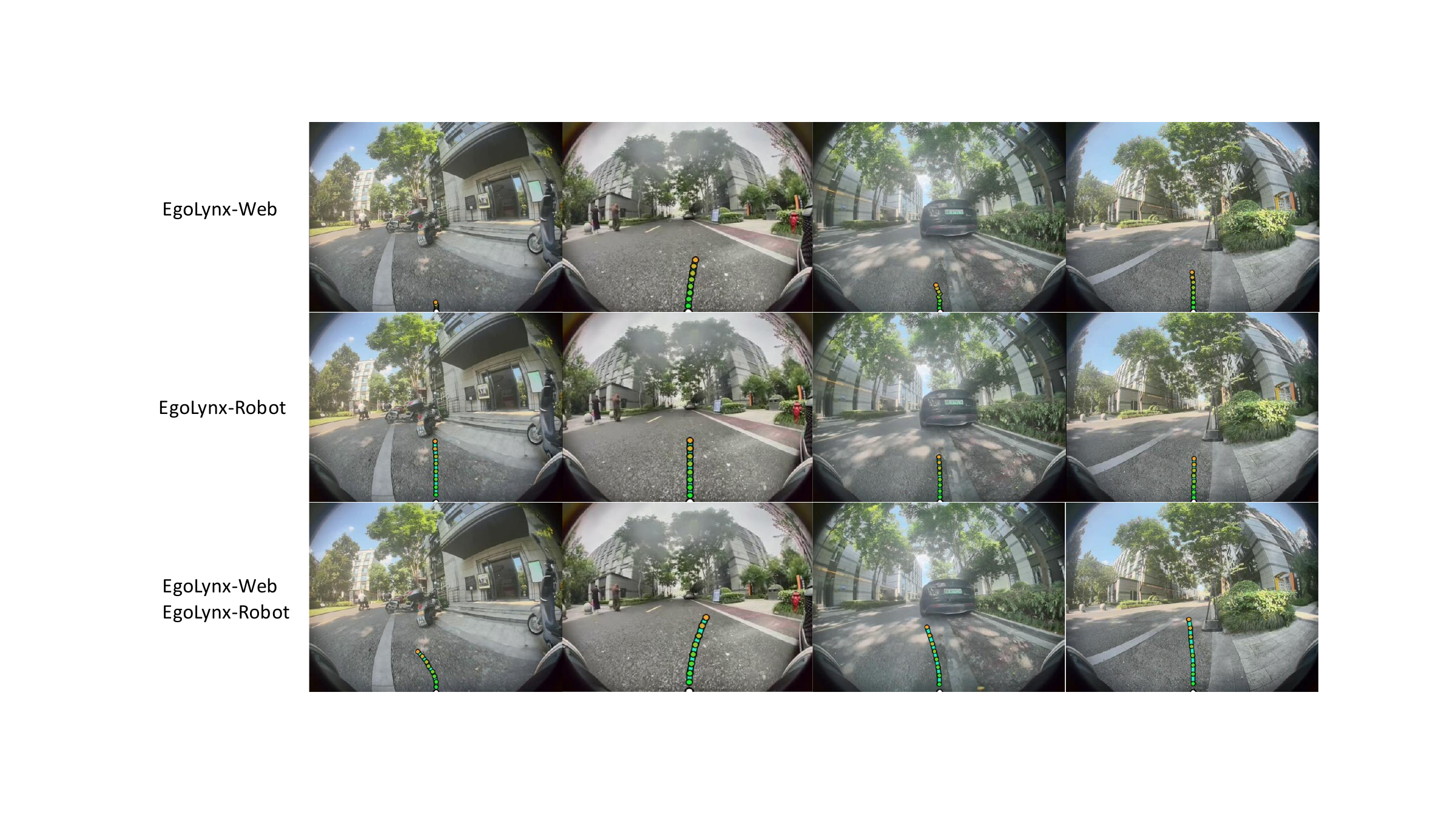 Three rows of predicted trajectories in four fisheye scenes, trained on web data only, robot data only, and both sources.