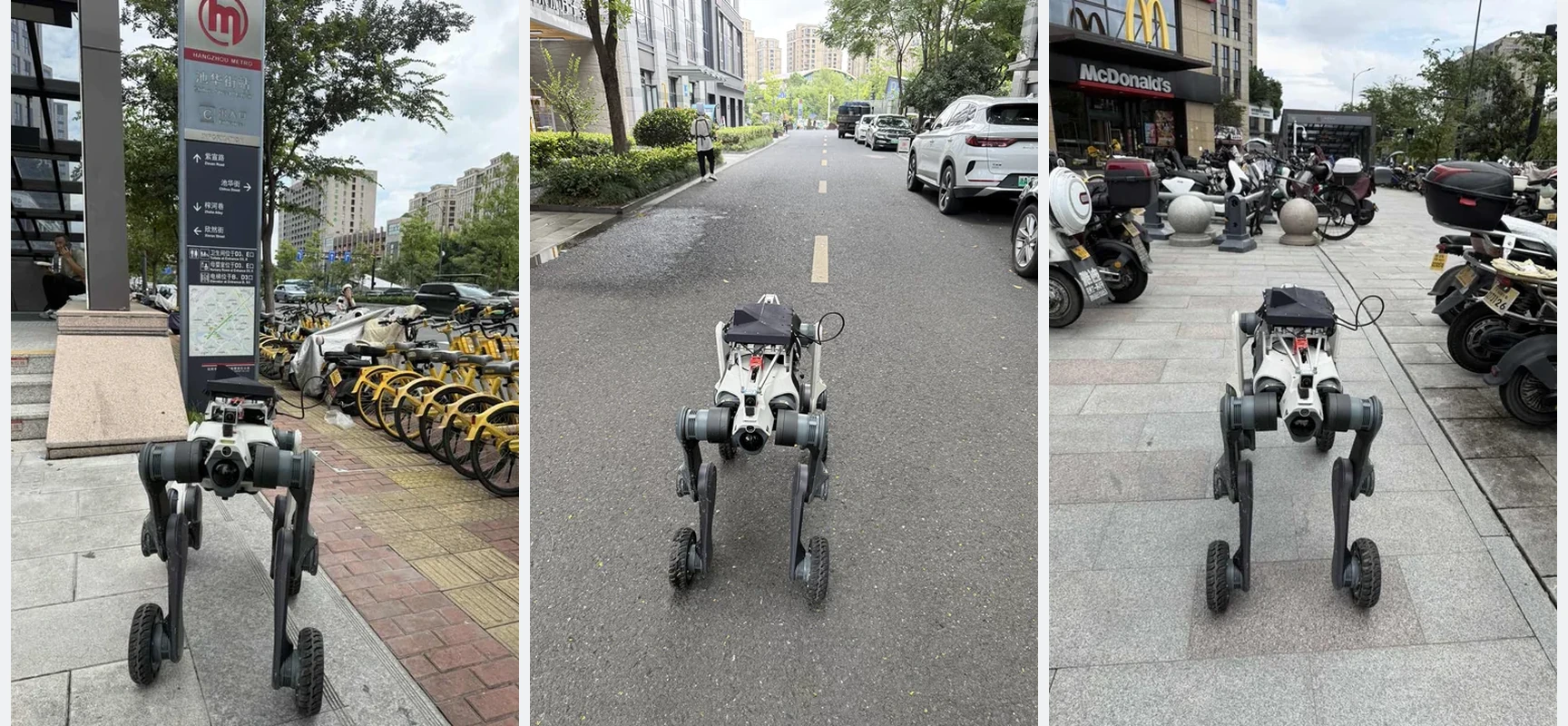 Three real-world views of the LYNX M20 navigating campus sidewalks and shared paths