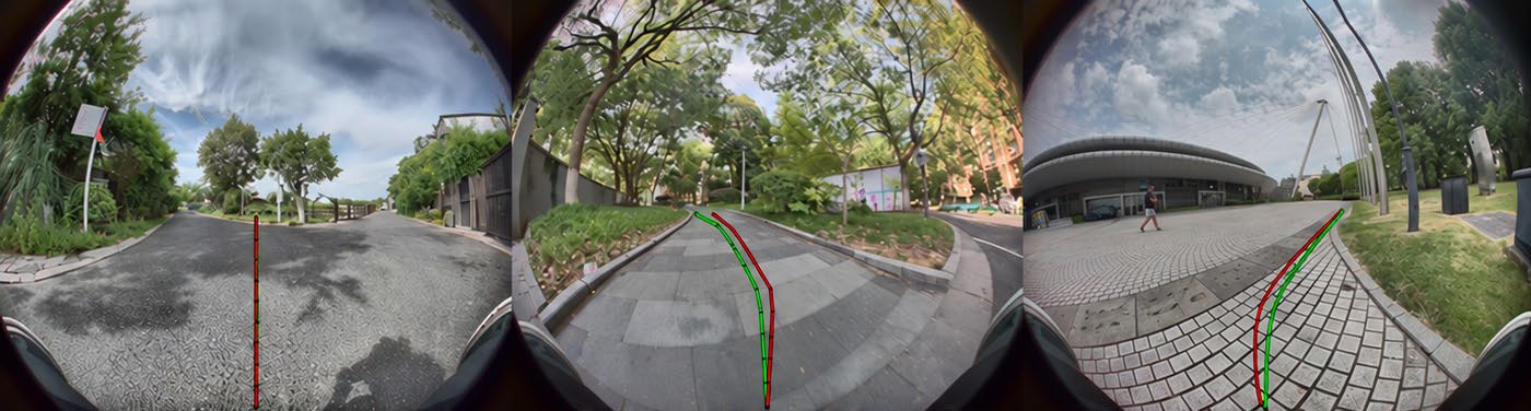 Qualitative instruction-conditioned trajectory predictions for straight, left-turn, and right-turn commands